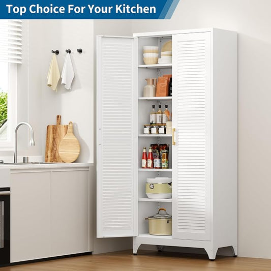 75" Metal Storage Cabinet with 5 Adjustable Shelves, White & Gold Tall Pantry Cabinet with Doors, 180 lbs Load Per Shelf, Heavy Duty Steel Organizer for Kitchen, Nursery,Garage