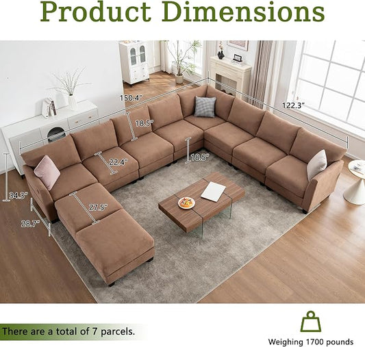 150.4" Large Sectional Couches for Living Room, 8 Seater L Shaped Modular Sectional Sofa with Two Storage Ottomans & USB, Oversized Corner Couch for Living Room(Brown)