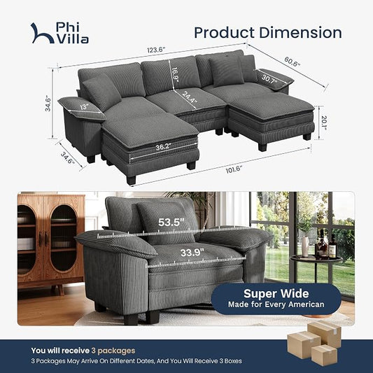 PHI VILLA Cloud Modular Couch Sets, 123.6" Oversized Sectional Sofa with U-Shaped Chaise, 5-Seater Couches with 2 Movable Ottomans for Living Room, Corduroy Grey