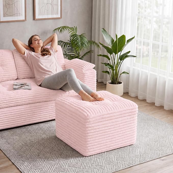 23.6in Pouf Ottoman, Corduroy Ottoman Foot Rest with Dual‑Layer Support, Large Poofy Pouf with Soft Chunk‑Foam Top & Firm Foam Base, Floor Foot Stool for Living Room, Pink