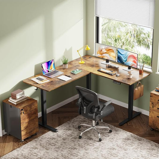 DEVAISE 63 Inch L Shaped Electric Standing Desk, 3 Adjustable Computer Desk for Home Office, Sit to Stand Desk with LED Touchscreen,Headphone Hook, 3 Memory Preset, with Split Top, Rustic Brown
