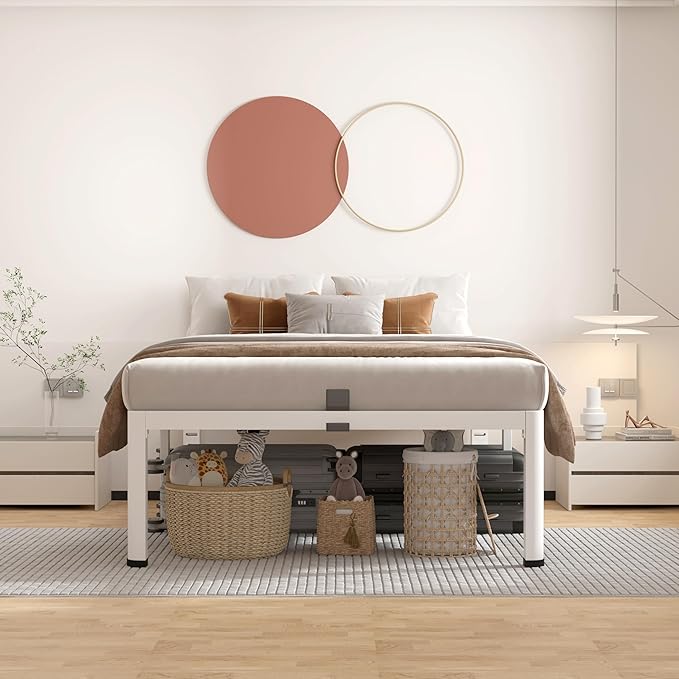 ROIL 14 Inch White Twin XL Bed Frame with Rounded Corner and Headboard Hole Mattress Retainers, 3500LBS Heavy Duty Steel Slats No Box Spring Needed Platform Noise-Free Easy Assembly