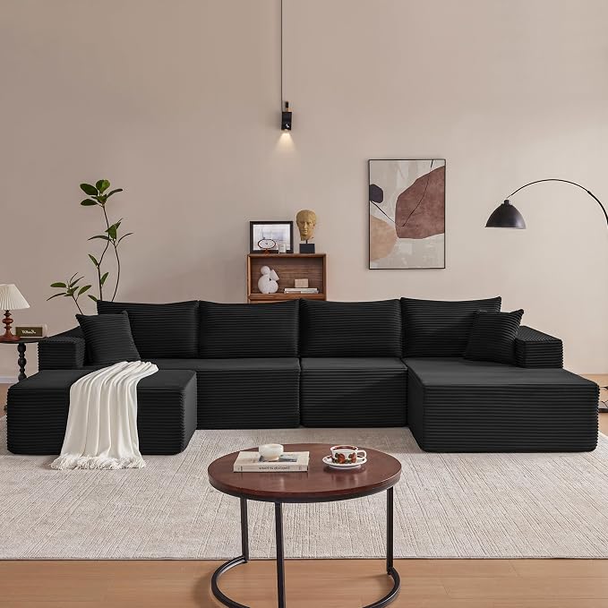 Mangodan 140” Cloud Sectional Couch, Boneless Sofa for Living Room, Modular Sectional Sofa with Deep Seat, Comfy Fluffy U-Shaped Couch with Right-Facing Chaise, No Assembly Required, Black