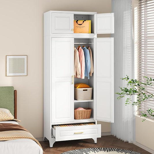 SteeLoong 86" Metal Armoire Wardrobe Closet with Drawer,Tall Clothing Storage Cabinet with Adjustable Shelves and Hanging Rod,White Wardrobe Closet for Bedroom,Home,Bathroom,Gym