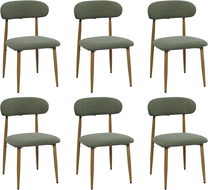 FREKEN Modern Upholstered Dining Chairs Set of 6, Mid-Century Metal Frame with Wood Grain, Linen Fabric Side Chair for Kitchen Dining Room, 350lbs Capacity, Green