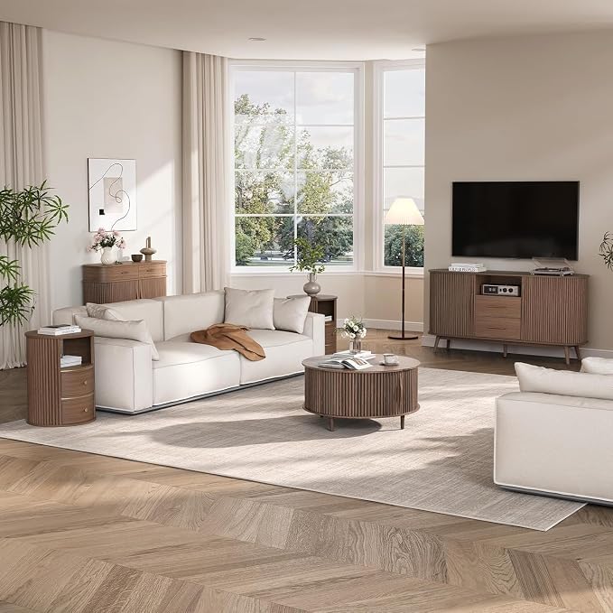 JOINICE Round Coffee Table and End Table Set,31.5" Mid Century Modern Living Room Furniture, Walnut Fluted Center Table with Storage & Matching Side Table for Small Space