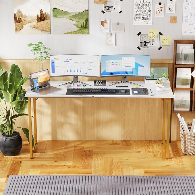 PayLessHere | 63 Inch Computer Desk | White Gold | Office Desk with Metal Frame, Adjustable Feet | Water-Resistant, Scratchproof Surface | Sturdy Writing Table for Home Office or Study | Pack of 1