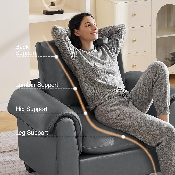 44.5" Faux Leather Single Sofa, Oversized Accent Chair with Curved Armrests, Cloud Modern Sofa Upholstered Deep Seat Reading Chair Armchair for Living Room, Bedroom,Grey