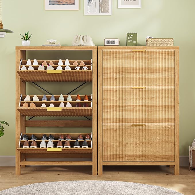 YOMILUVE Shoe Cabinet Storage for Entryway, Fluted Shoe Cabinet with 3 Flip Drawers, Hidden Shoe Rack Tall Freestanding Shoe Organizer with Legs for Hallway, Oak