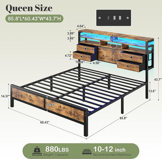 Homkdom Bed Frame Queen Size with 3-Tier Storage Headboard and 4 Drawers,Queen Platform Bed Frame with LED Lights & Charging Station,Metal Queen Bed,Noise-Free,Rustic Brown