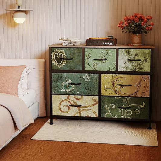 OLIXIS 7 Drawer Dresser Wood top Fabric Storage Tower Bedroom Living Room Hallway entryway Organizer Floral Painted Compact Storage Chest for Clothes Essentials Durable Modern Furniture Home use