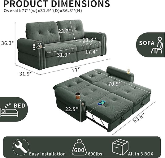 Convertible Couches, Queen Size Pull Out Sofa Bed with USB Charging Port and Cup Holders, Plannelette Fabric Convertible Sofa Bed for Small Space, Living Room, Apartment, Guest Room, Green