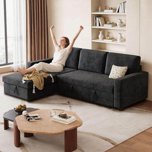 81" Convertible L-Shaped Pull Out Sectional Sleeper Sofa Bed, Dark Gray | Storage Chaise, Pull Out Sectional Couch, Removable Cushions, Chenille Fabric, For Small Apartment & Living Room