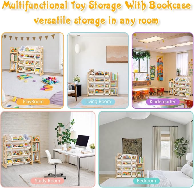 Toy Storage Organizer with 12 Bins & 3-Tier Bookshelf - White | 12 Removable Bins Keep Toys Sorted; 3-Tier Kids Bookshelf Creates Easy-Access Storage for Kids Rooms and Playrooms