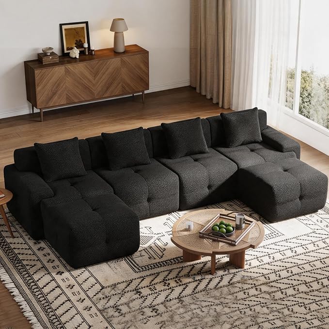 135" Cloud Couch Sectional with 2 Ottoman, U-Shaped Boneless Sofa,Modern Modular Couch, Pineapple Grid Fabric with Foam & Spring Filling for Living Room, No Assembly Required (Black, 4seates)