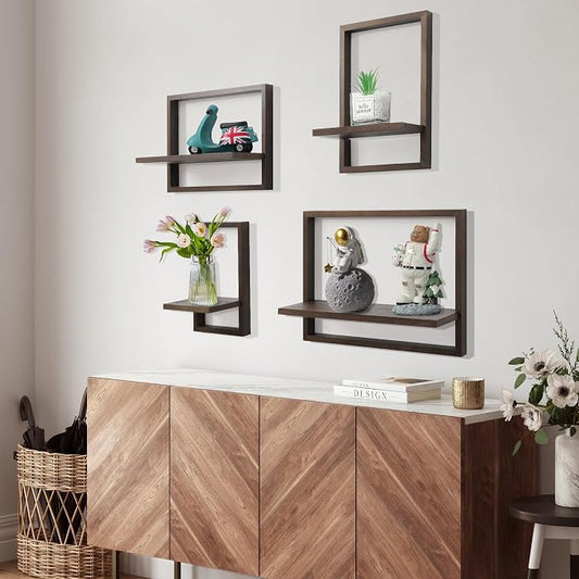 PHOENANCEE Square Floating Shelves,Framed Wall Shelf Decorative Set of 4,Modern Plants Hanging Display Art Decor Storage for Livingroom Bedroom Bathroom Farmhouse,Home Light Wood,Rustic Walnut
