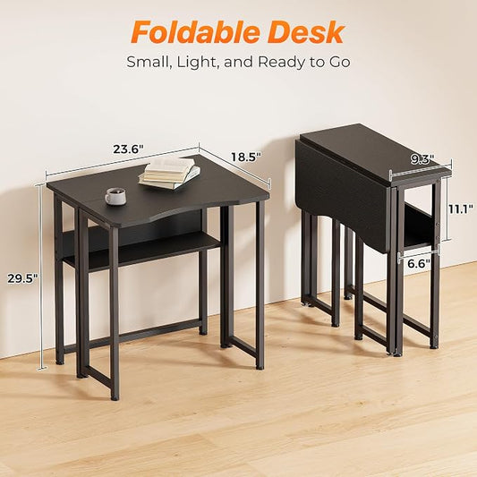 Huuger Folding Desk with Storage Shelf, 23.6 Inch Foldable Computer Table for Small Spaces, Space Saving Sofa Table for Couch, Writing Work Office Computer Desk, Easy to Fold, Black