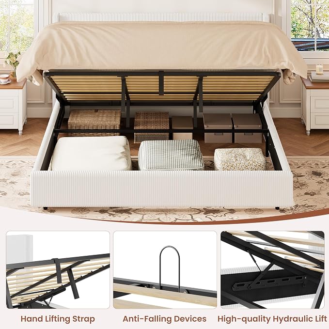 Garvee King Lift Up Storage Bed Frame, Corduroy Upholstered Platform Bed with Gas Lift, Padded Headboard, Wooden Slat Support, No Box Spring Needed, Easy Assembly, White