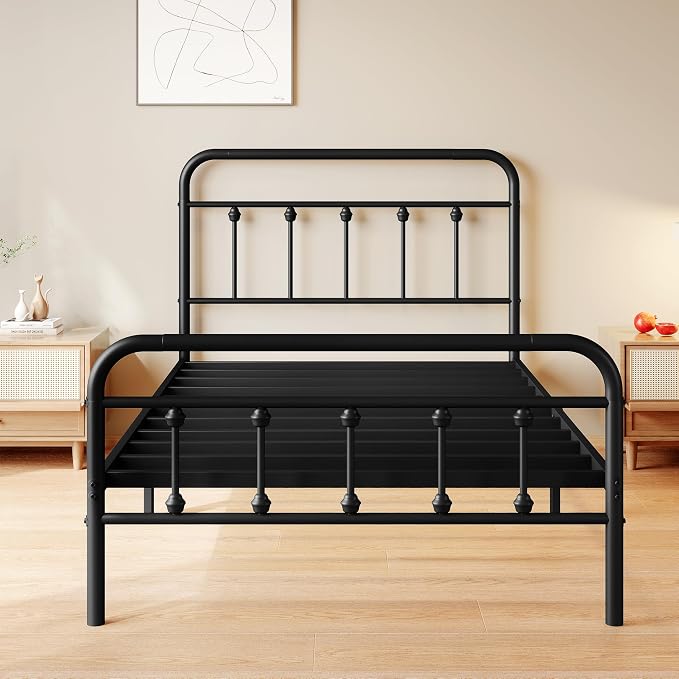zunatu Twin Size Metal Platform Bed Frame/Victorian Style Headboard and Footboard/Steel Slat Support/Easy Assembly/No Box Spring Needed/Underbed Storage/Noise Free/Black