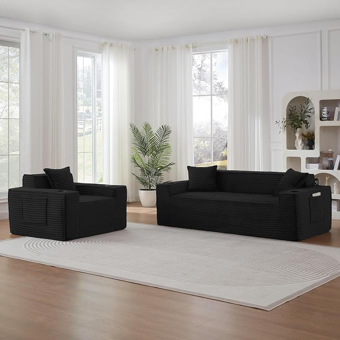 Boneless Sectional Sofa 3 Piece Set with Cup Holders & Side Pockets, Modern Corduroy Fabric Deep Seat Cloud Couch Living Room, Office, No Assembly (Black)