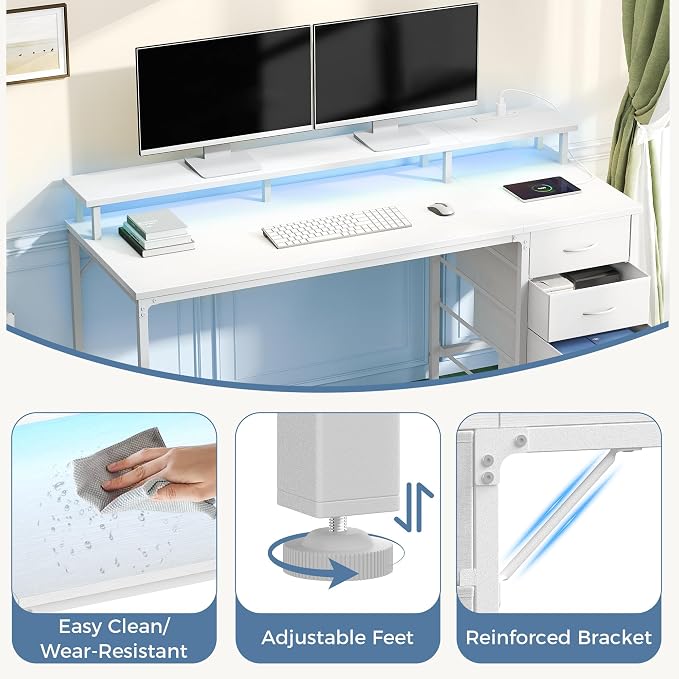 DUMOS 40 Inch Computer Desk with 4 Drawers, Gaming Desk with Power Outlets and LED Lights, Office Workstation for Small Spaces with Monitor Shelf, Writing Table for Home Office Bedroom Study White
