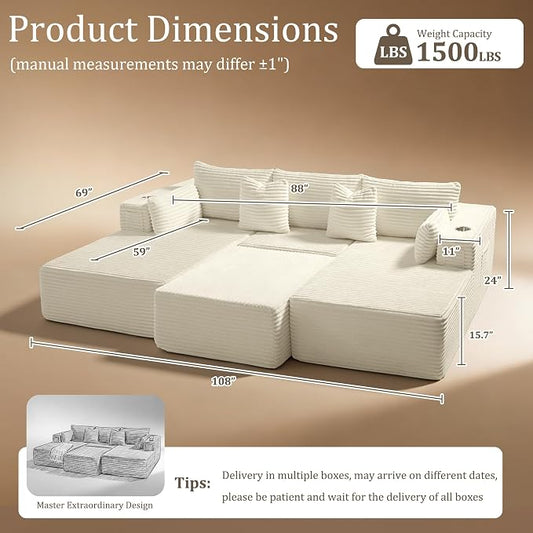 108" Cloud Sectional Couch, Comfort Sleep Sofa for Living Room, Extra Deep Seats No Assembly, Minimalist Modular Couch, Corduroy (Cream, Widen Loveseat Chaise)
