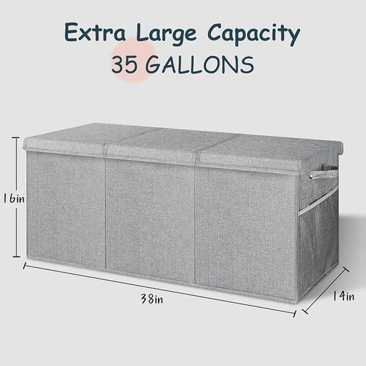 Extra Large Toy Box with Lids - Sturdy Collapsible Kids Storage Organizer Big Bin Chest Basket with Dividers for Boys Girls, Bedroom, Nursery, Living Room, Playroom Organization, 38"x16"x14", Gray