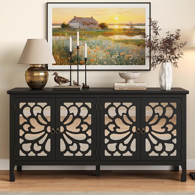 RoyalCraft 63'' Sideboard Buffet Cabinet with Storage, Accent Cabinet Credenza with 4 Doors and Adjustable Shelves, Vintage Media Console for Entryway, Living Room, Kitchen, Satin Black