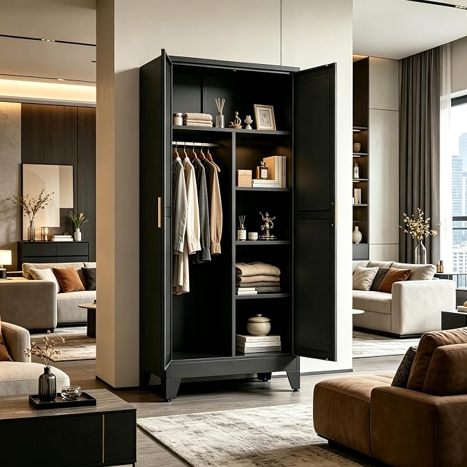 71" H Tall Pantry Cabinet with Doors,Kitchen Pantry Cabinet,Black Metal Storage Cabinets,Garage Storage Cabinet,Food Storage Cabinet with Doors and Shelves