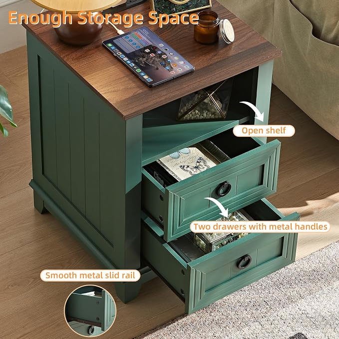 Joaxswe 18" Farmhouse Night Stands Set of 2 with Charging Station, 2 Drawers Bedside End Table, Green Wooden Nightstand, Bed Side Table Cabinet with Open Shelf for Bedroom Living Room Office