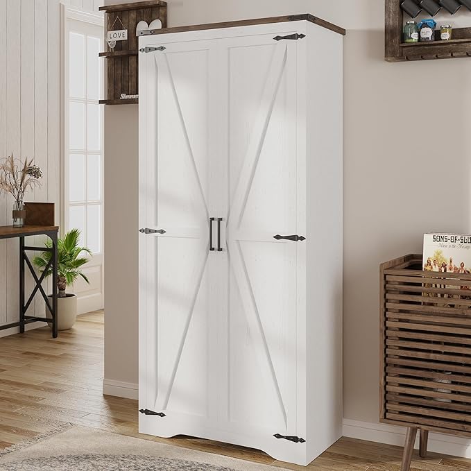 Befrases Set of 2 Farmhouse Storage Cabinet with Adjustable Shelves, Large Pantry Organize with 2 Barn Doors, Freestanding Cabinet for Kitchen, Garage, Basement, Living, Utility Room, Off-White