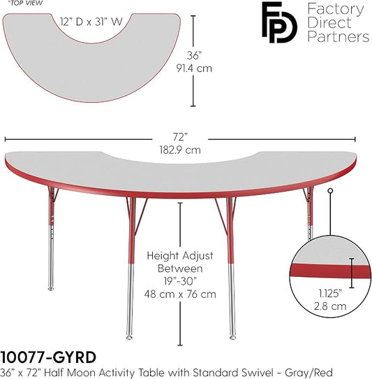 FDP Half Moon Activity School and Office Table (36 x 72 inch), Standard Legs with Swivel Glides for Collaborative Seating Environments, Adjustable Height 19-30 inches - Gray Top and Red Edge
