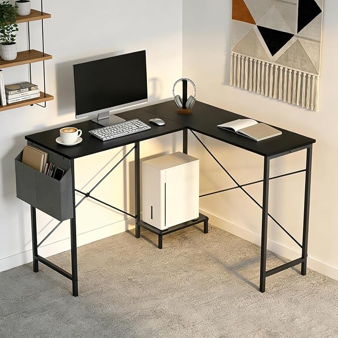 L Shaped Desk, 50 Inch Reversible Computer Desk Corner Gaming Table with CPU Stand & Storage Bag, Sturdy Metal Frame PC Workstation for Home Office, Black Wood