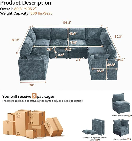 105" Blue Oversized Modular Storage Sofa, U Shaped Chenille Cloud Couch | Oversized Convertible Sectional Sofa, 8-Seat Sectional Couch With Armrests, Large Cloud Couch For Living Room, Apartment.
