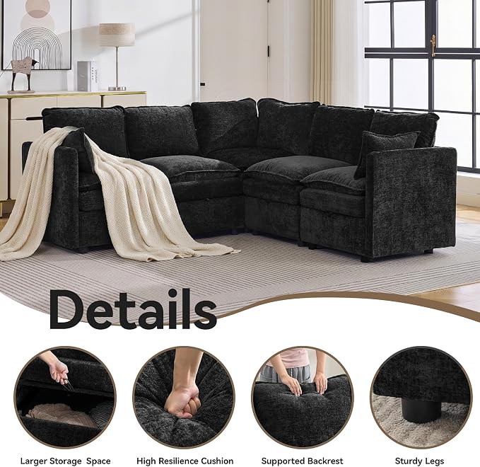 80" Black Modular Storage Sofa, V Shaped Chenille Cloud Couch with Armrest | Oversized Convertible Sectional Sofa, 5-Seat Sectional Couch With Armrests, Large Cloud Couch For Living Room, Apartment.