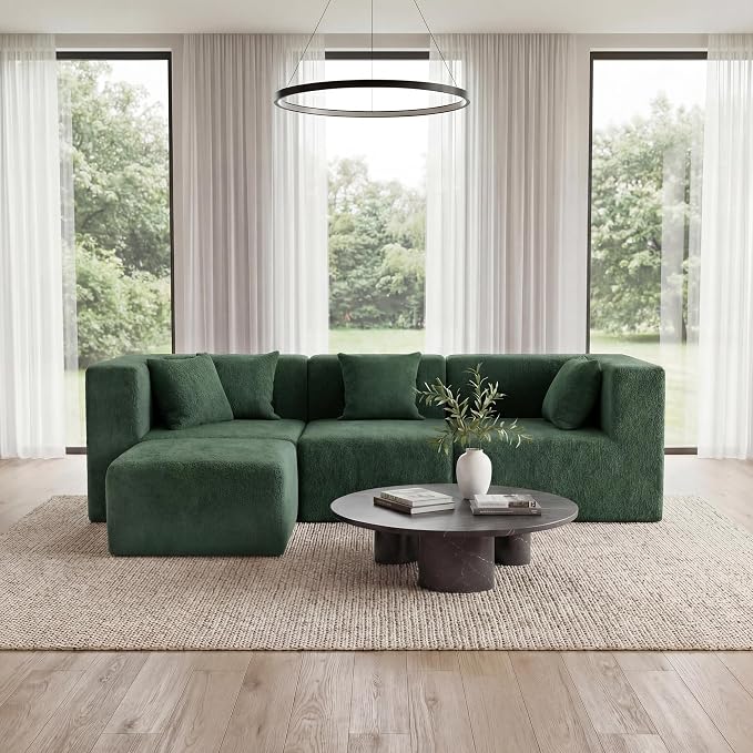 MONVANE 103'' Modular Sectional Sofa, Comfy Teddy Velvet Cloud Couch with Ottoman, Modern Convertible L Shaped Couch with Deep Seat, Sectional Couches for Living Room, Bedroom and Apartment, Green