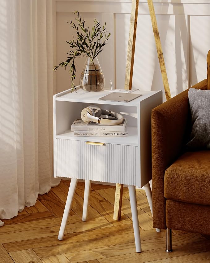JOONEE White Nightstand with Outlet,Modern Bedside Table with Storage Drawer and Open Wood Shelf, for Living Room, Bedroom and Small Spaces, Accent Night Stand with Solid Wood Legs, Easy Assembly