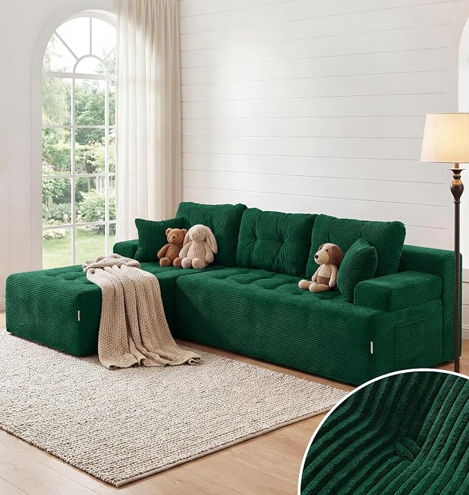 Hobestluk Modular Sectional Sofa Couches L-Shape Couch 3 Seat Modular Sofa Memory Foam Sectional Couches for Living Room, Cloud Couch with Oversized Chaise (Emerald Corduroy, 96", Left Hand Facing)