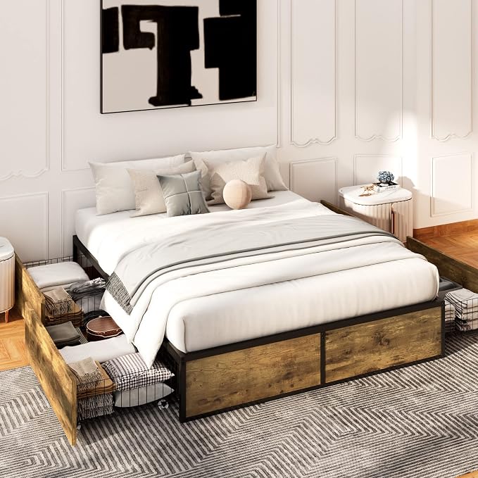 Allewie Industrial Storage Bed with Drawers, Wooden Metal Platform, Sturdy & Noise-Free, Modern Queen Size for Bedroom & Apartment