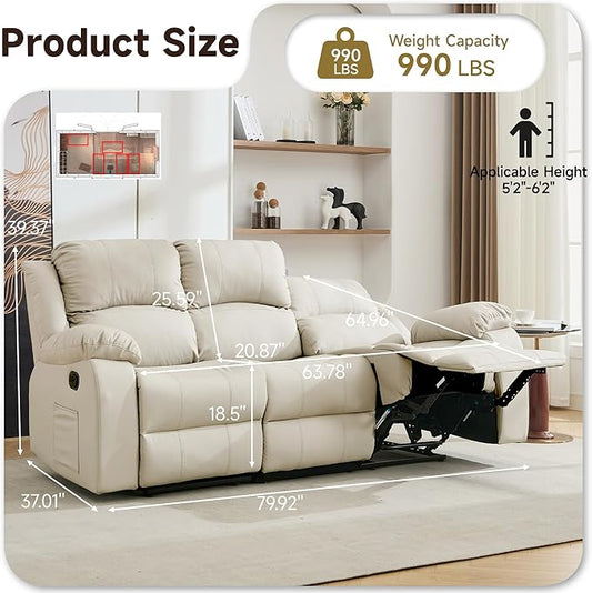 Reclining Loveseat Sofa Leather Recliner Sofa 3 Seater Couch for Living Room, Home Theater Seating(3 Seat,Beige)