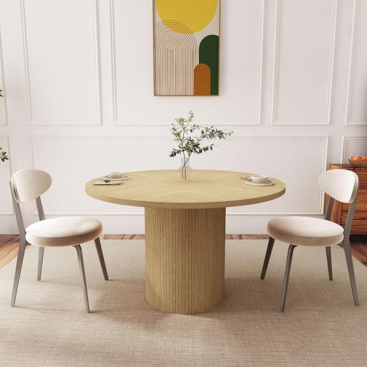 47 Inch Round Dining Table, Farmhouse Fluted Dining Kitchen Table, Modern Wood Small Circle Dining Table for Kitchen Living Room, Natural