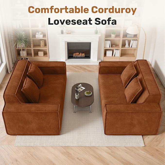 75'' Modern Cloud Loveseat Sofa Set of 2, No Assembly Required Comfy Deep Seat Couches 2 pcs for Living Room, Bedroom, Apartment (Corduroy-Brown)