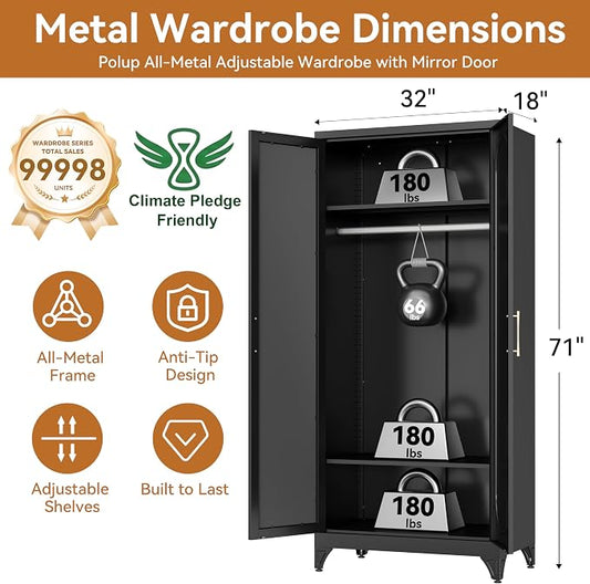 Polup Metal Armoire Wardrobe Closet with Mirror, 71" Tall Steel Clothing Storage Cabinet with Doors, Hanging Rod and Adjustable Shelves, Freestanding Clothes Organizer for Bedroom, Office, Black