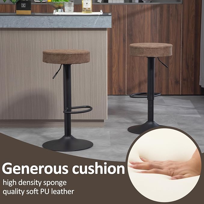 Finnhomy Bar Stools Set of 2 Counter Height, Swivel Barstools with Footrest and Backless Round, Height Adjustable Modern Bar stools for Kitchen, Vintage Leather, Retro Brown