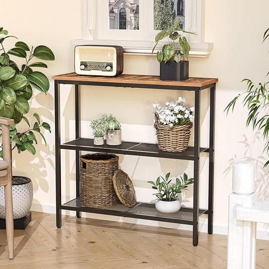 HOOBRO 29.5" Narrow Console Table, 3-Tier Entryway Table, Thin Sofa Table with Shelves, Side Table, Display Table, for Hallway, Entrance, Living Room, Bedroom, Rustic Brown and Black BF73XG01