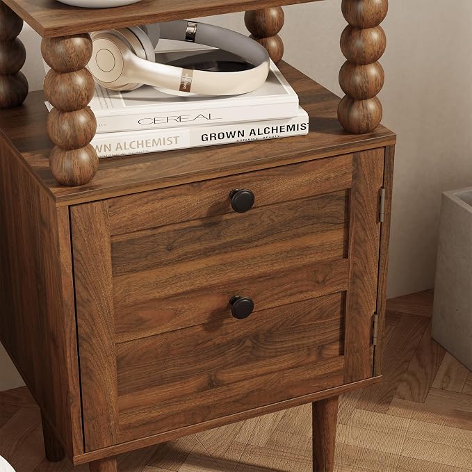Veegle Nightstand,Modern Bedside Table with Storage Drawer and Open Wood Shelf, for Bedroom and Small Spaces,Night Stand with Solid Wood Legs (Walnut Brown)