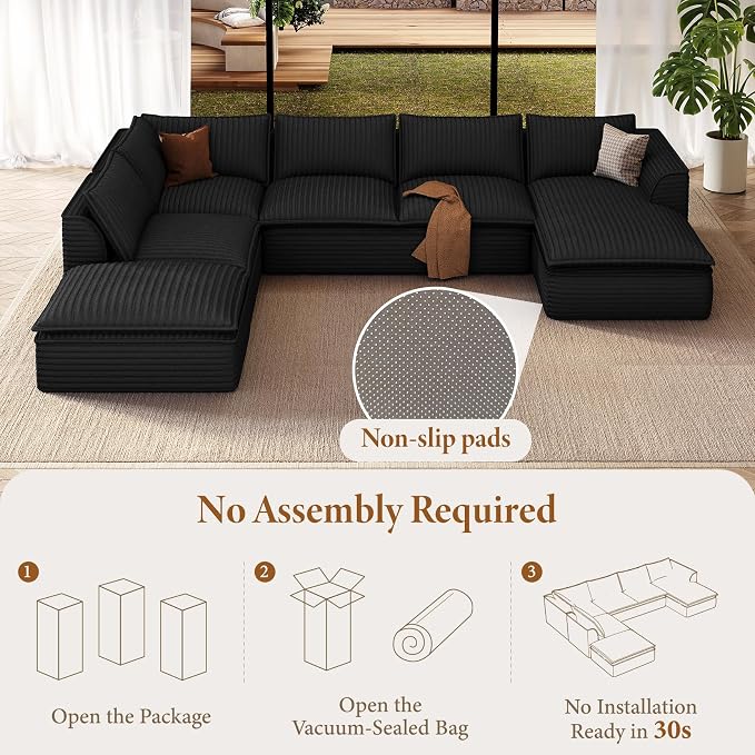 Vesgantti 141.7" Oversized Sectional Boneless Couch, Modern 7 Seater Modular Sofa with Chaise & Ottoman, Deep Seat Plush Corduroy Cloud Couches for Living Room, No Assembly Required, Black