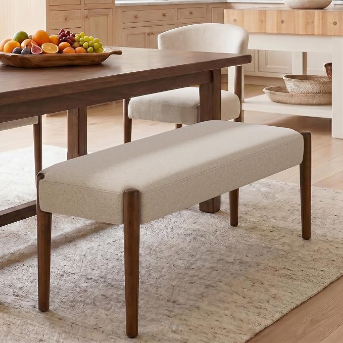 Usaint 42" End of Bed Bench, Modern Upholstered Bedroom Bench with Rubberwood Legs, Entryway Bench with Cushion, Dining Bench for Living Room, Bedroom, Beige with Walnut Leg