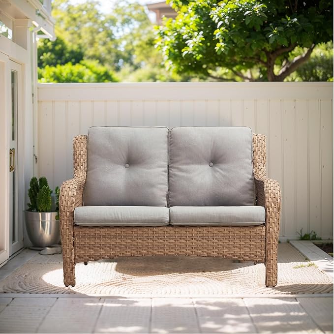 Outdoor Loveseat Sofa-2 Seater Rattan Wicker Patio Couch High Back Patio Sofa for Porch Deck Backyard-Yellow/Beige