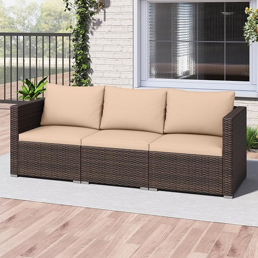 Tangkula 3 Seat Outdoor Wicker Sofa Set, Modular PE Rattan Patio Cushioned Sectional Couch Set, Outside Furniture Set for Deck, Backyard, Porch, Garden & Poolside (Brown-Beige)